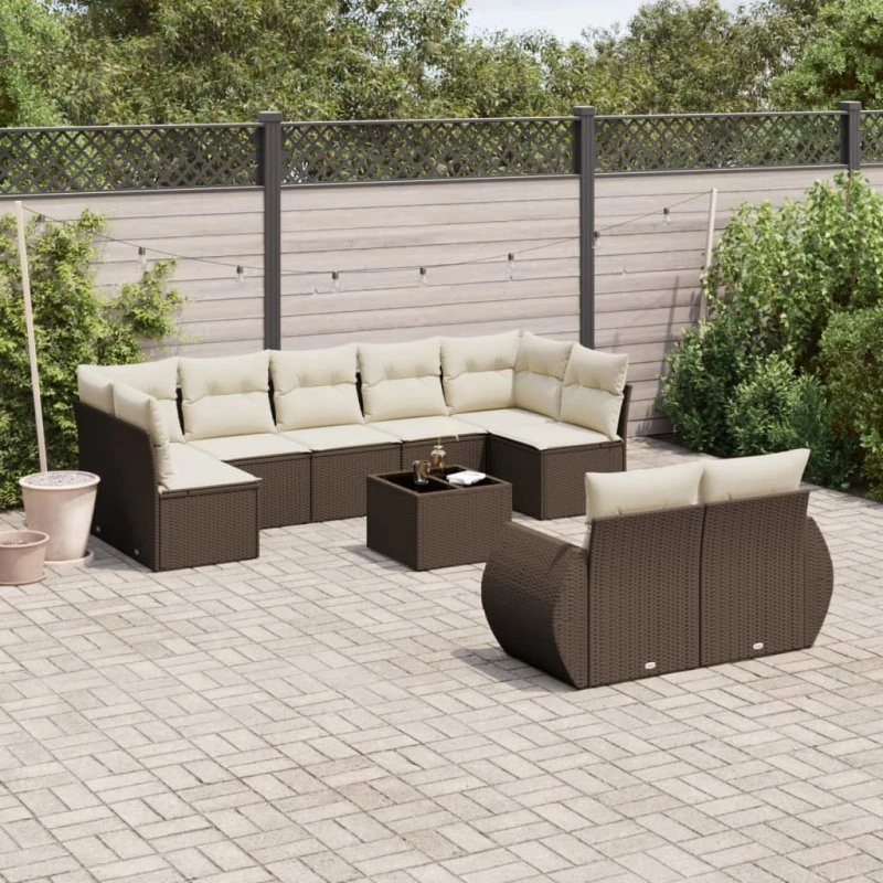 vidaXL 10-delssofasæt med hynder polyrattan brun
