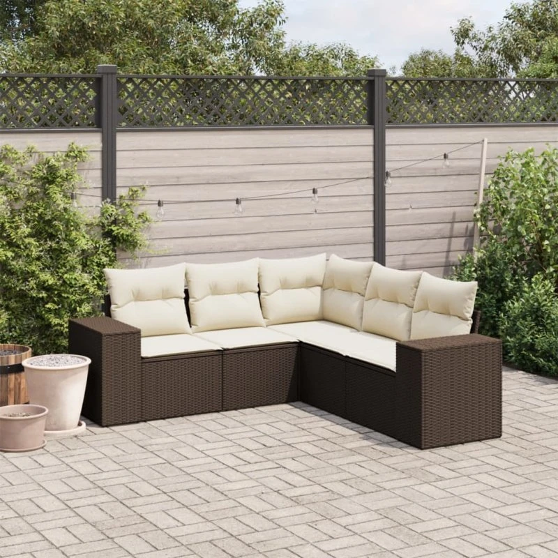 vidaXL 5-delsofasæt med hynder i polyrattan brun