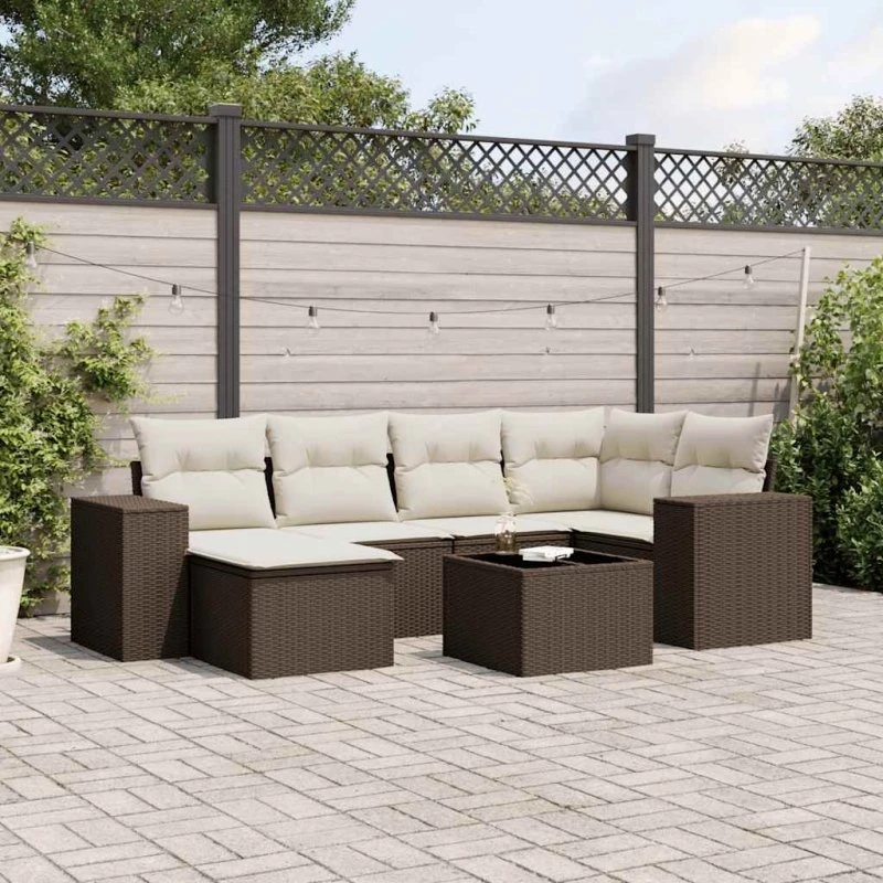 vidaXL 7-deles havesofasæt med hynder i polyrattan brun