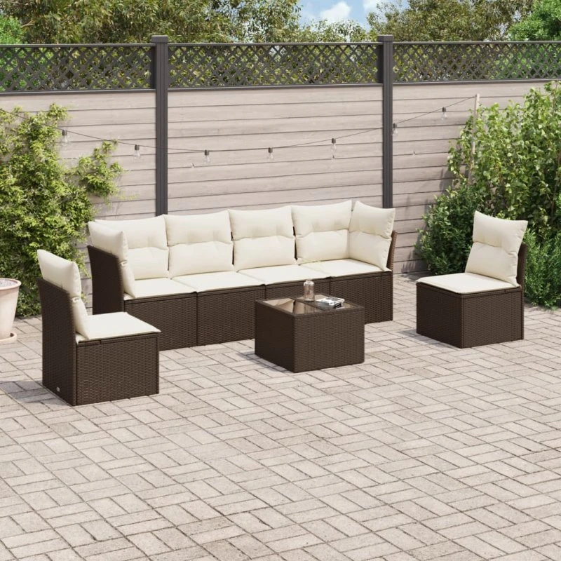 vidaXL 7-delssofasæt med polyrattan, brun, med hynder