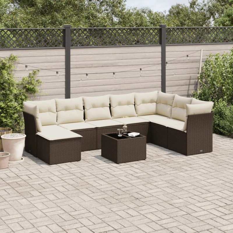 vidaXL 9-delssofasæt med hynder polyrattan brun