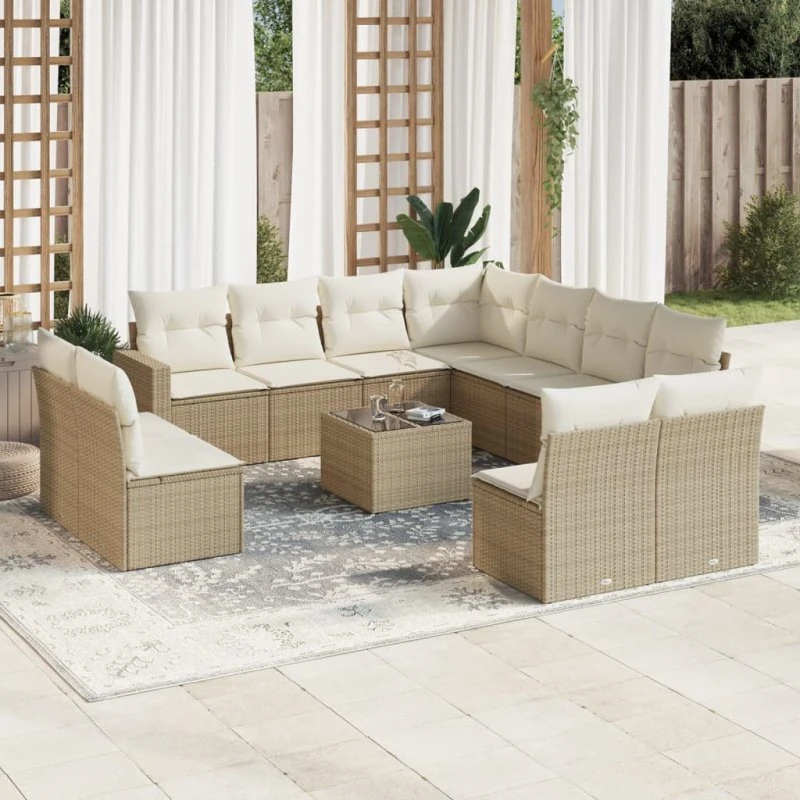 vidaXL 12-delssofasæt med hynder i polyrattan beige