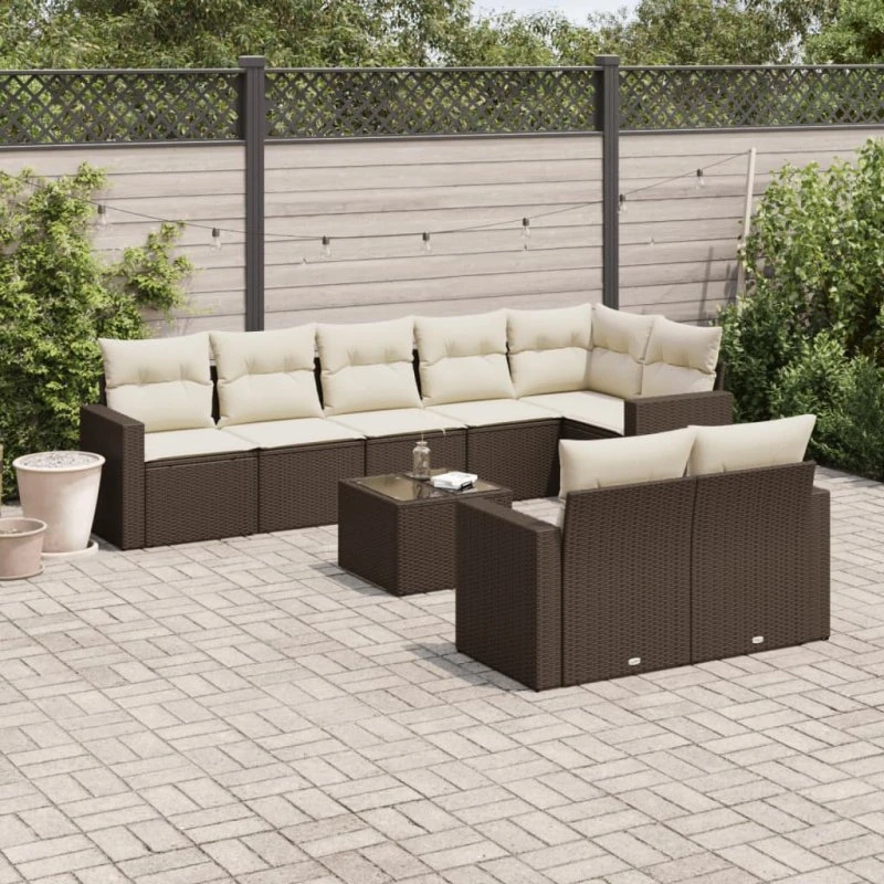 vidaXL 9-dels havesofasæt med hynder i polyrattan brun