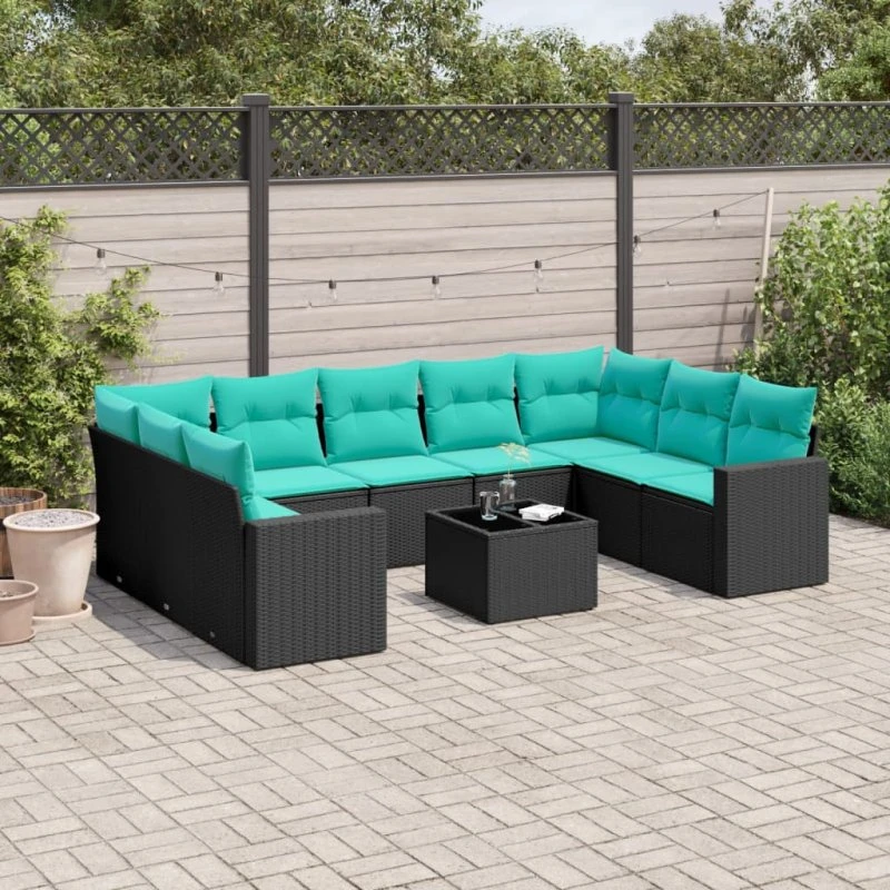 vidaXL 10-delssofasæt med hynder i polyrattan sort