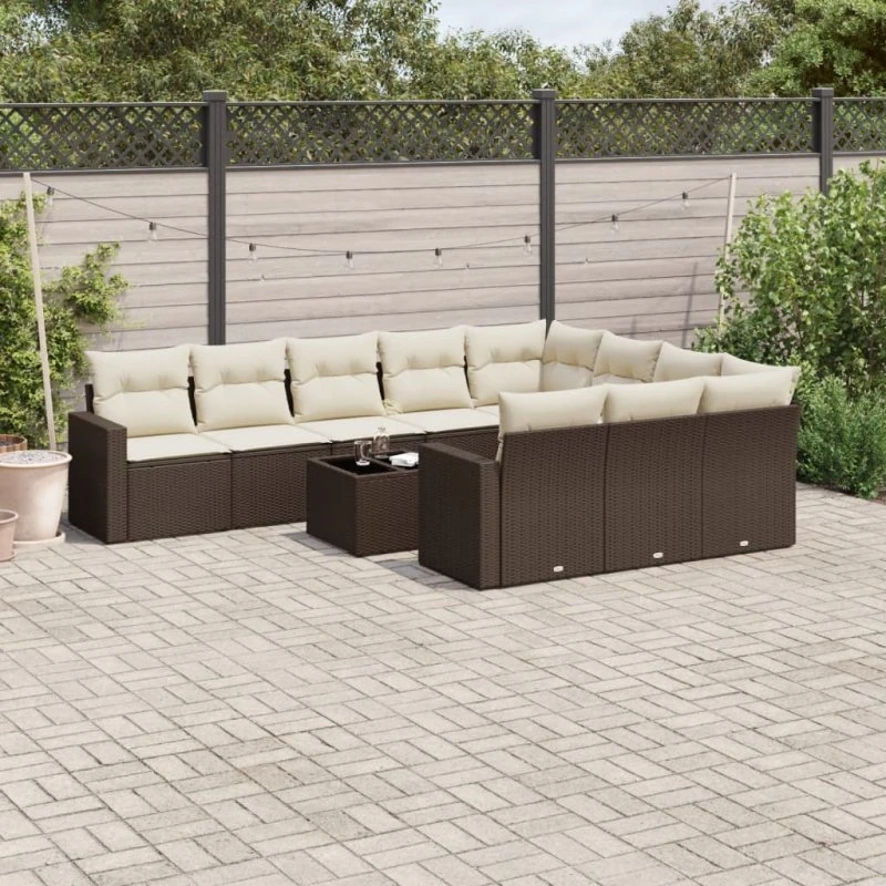 vidaXL 11-delssæt med hynder polyrattan brun