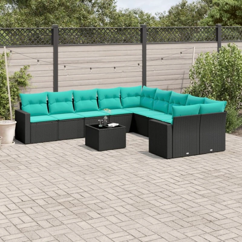 vidaXL 11-delssofasæt med hynder, polyrattan, sort