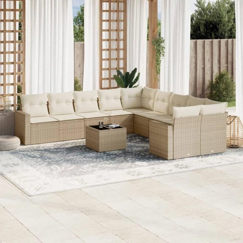 vidaXL 11-deligt havesofasæt med hynder i beige polyrattan