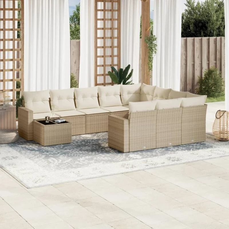 vidaXL 11-deles sofasæt med hynder i polyrattan, beige