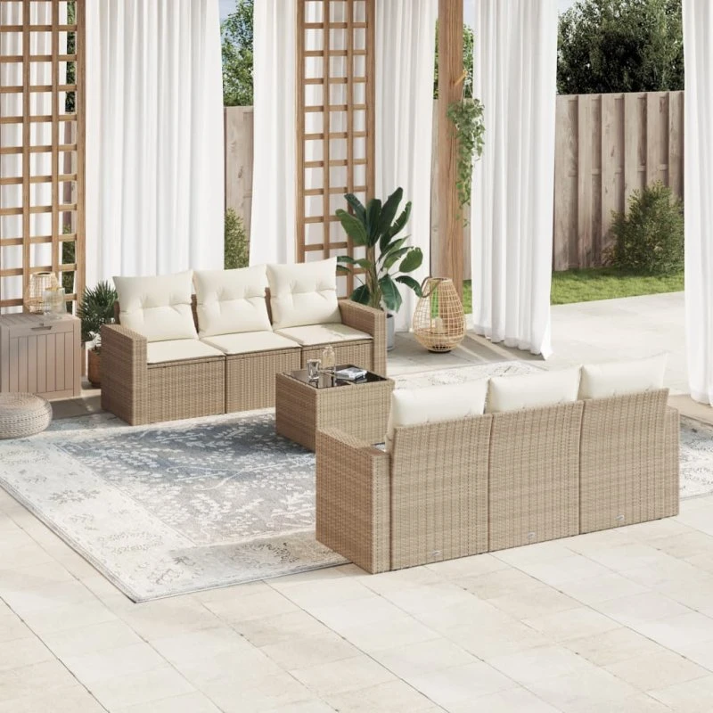 vidaXL 7-delssofasæt med hynder i polyrattan, beige