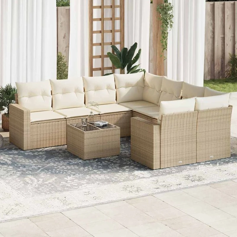 vidaXL 9-delssofasæt med hynder, polyrattan beige