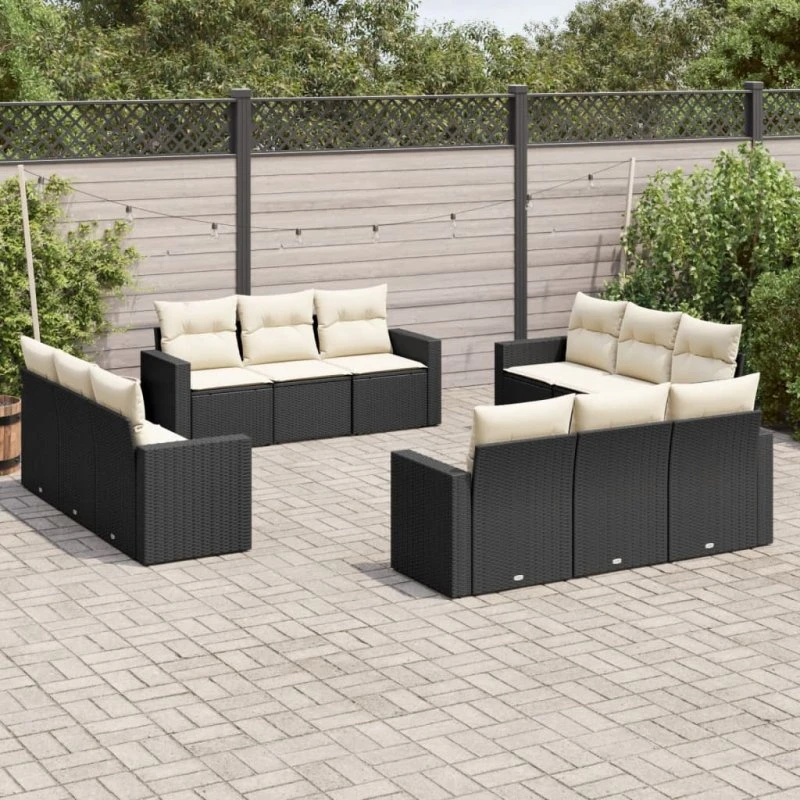 vidaXL 12-delssofasæt med hynder i polyrattan, sort