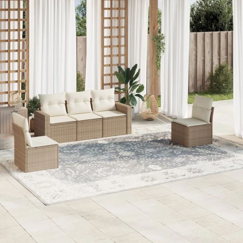 vidaXL 5-delssofasæt med hynder i polyrattan, beige