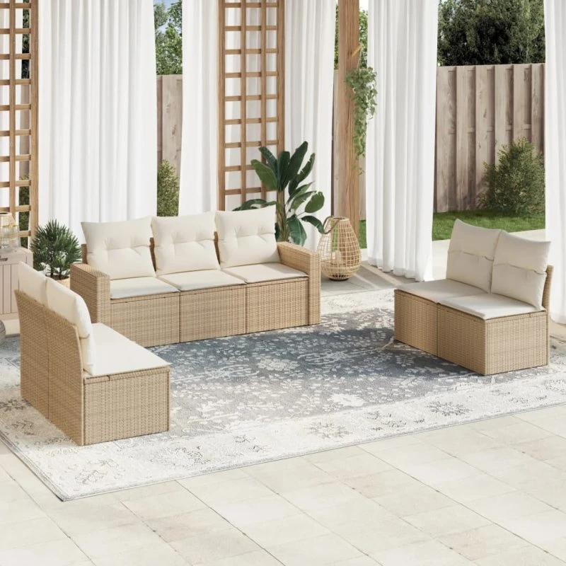 vidaXL 7-delssofasæt med hynder, polyrattan beige