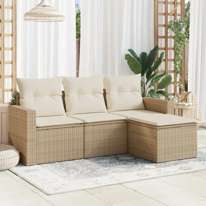 vidaXL 4-delssofasæt med hynder, polyrattan, beige