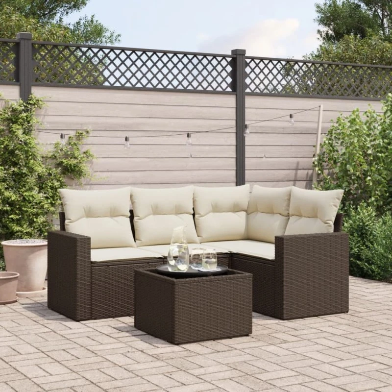vidaXL 5-delssofasæt med hynder i polyrattan brun