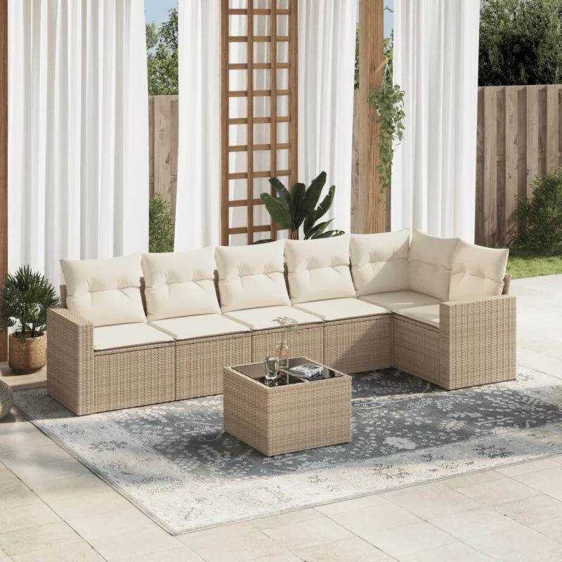 vidaXL 7-delers havesofasæt med hynder i polyrattan, beige
