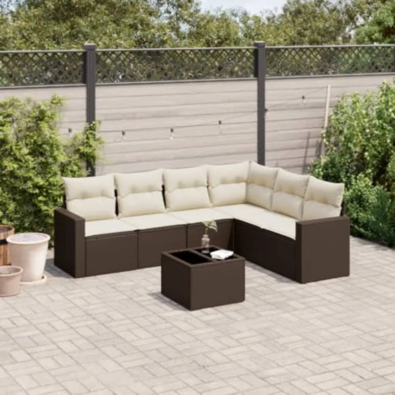 vidaXL 7-delssæt med hynder i polyrattan brun