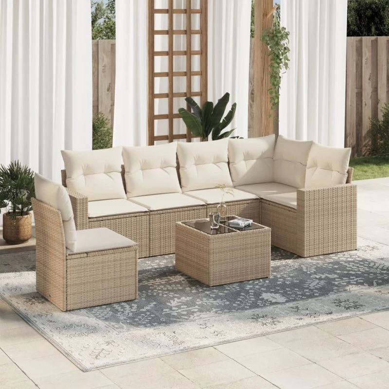 vidaXL 7-delssofasæt med hynder i polyrattan, beige