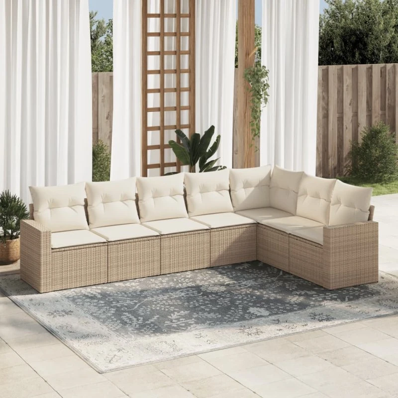 vidaXL 7-delssofasæt med hynder i polyrattan, beige