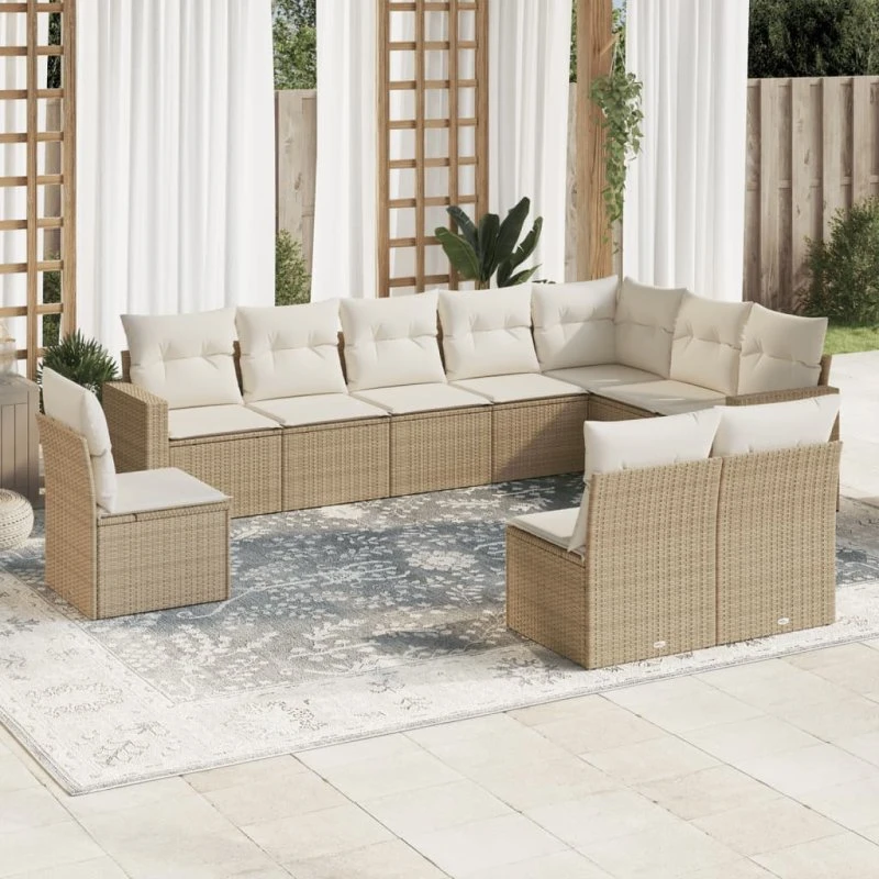 vidaXL 10-delssofasæt med hynder i polyrattan, beige