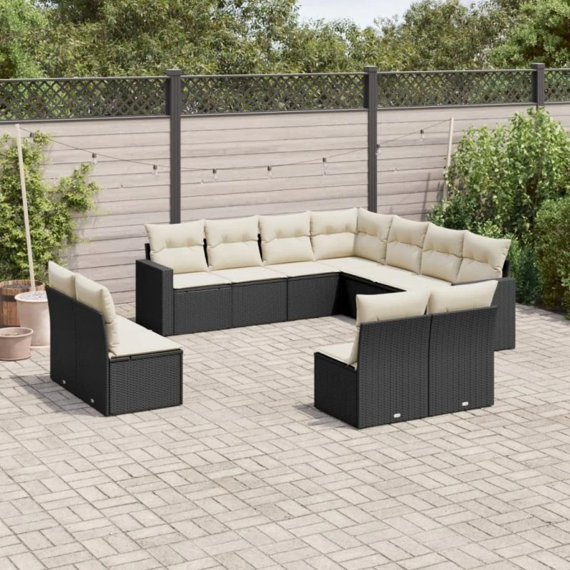vidaXL 11-delssofasæt med hynder, polyrattan sort