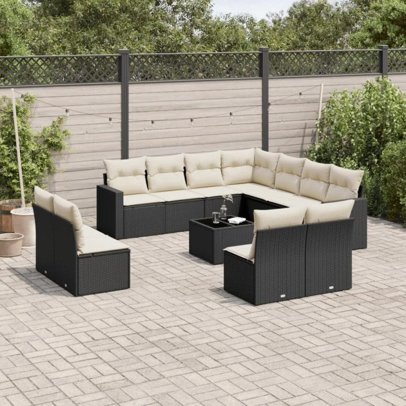 vidaXL 12-delssofasæt med hynder i polyrattan, sort