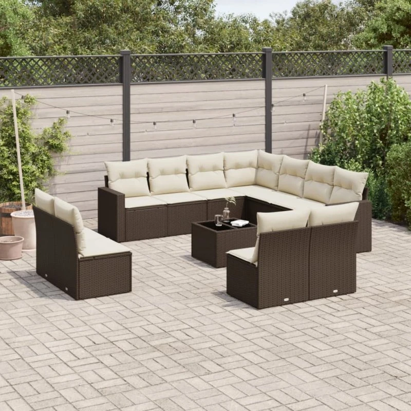 vidaXL 12-delssofasæt med hynder i polyrattan brun