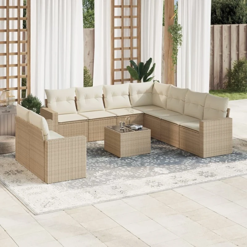 vidaXL 10-delssofasæt med hynder i polyrattan beige