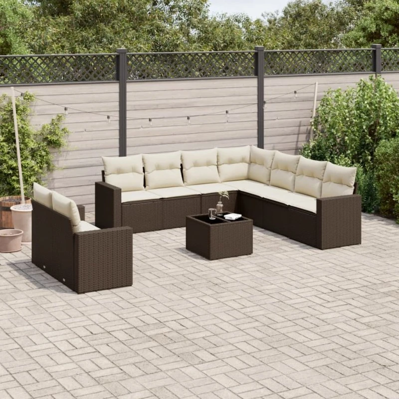 vidaXL 10-delssofasæt med hynder i polyrattan brun