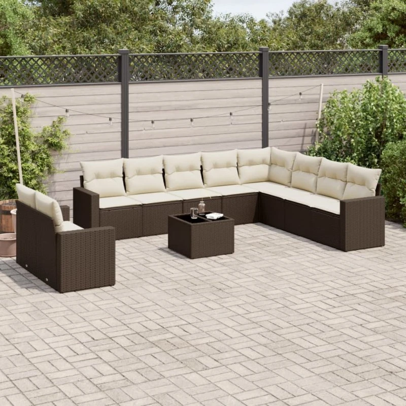 vidaXL 11-deligt loungesæt med hynder, polyrattan brun