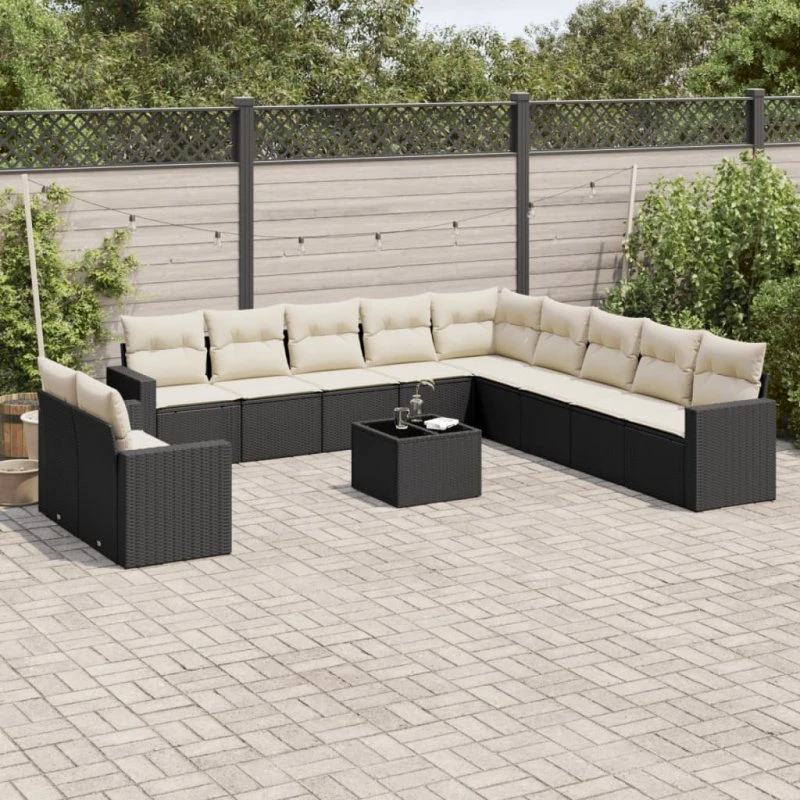 vidaXL 12-delssofasæt med hynder i polyrattan, sort