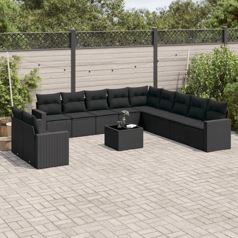 vidaXL 12-delssofasæt med hynder i polyrattan sort