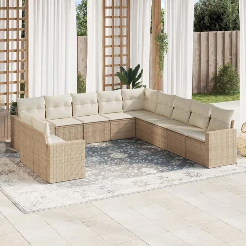 vidaXL 11-delsofasæt med hynder i polyrattan beige