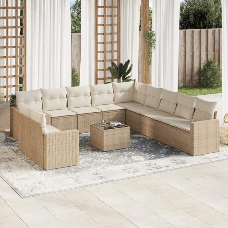 vidaXL 12-delssofasæt med hynder i polyrattan, beige
