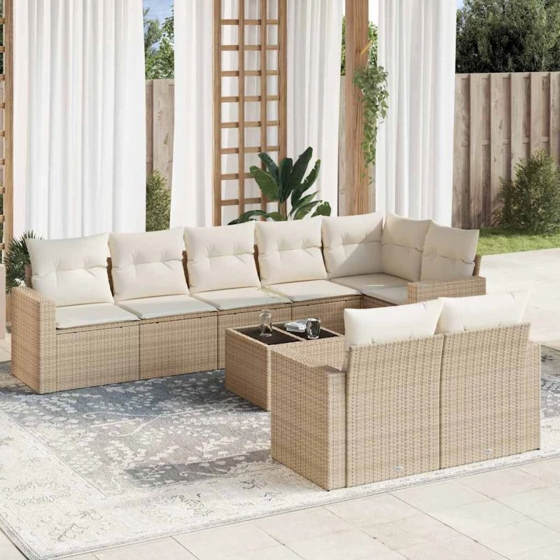 vidaXL 9-deligt polyrattan sofasæt med hynder, beige