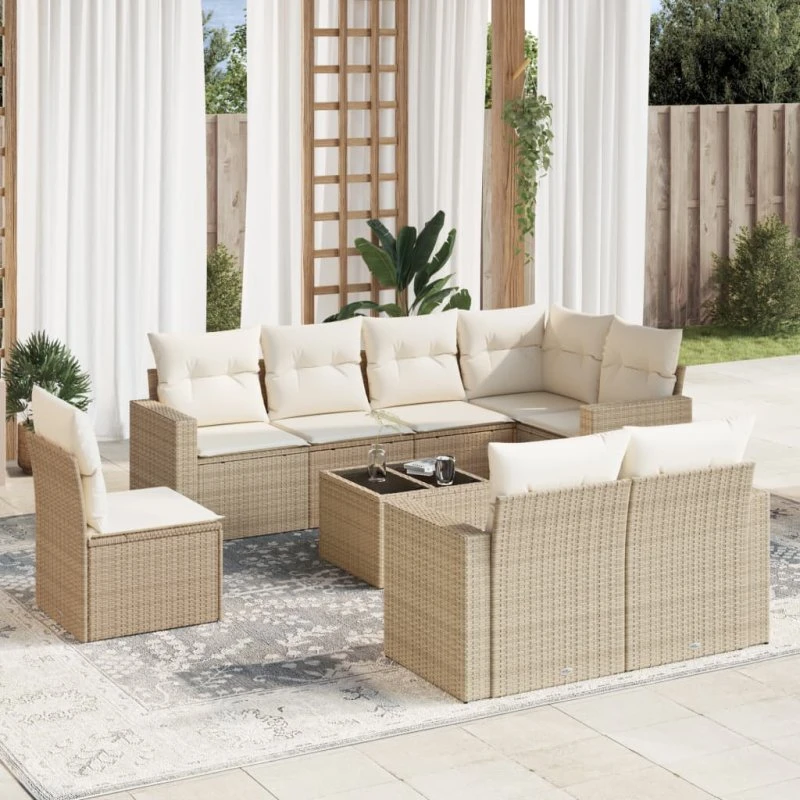 vidaXL 9-delssofasæt med hynder, polyrattan beige