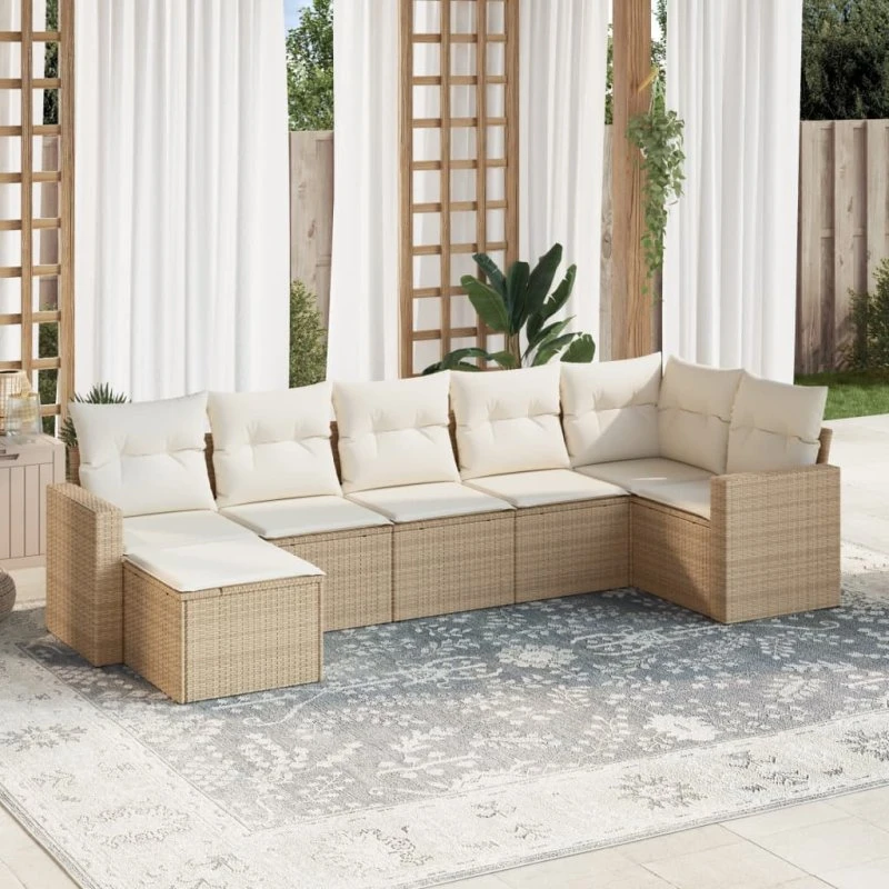 vidaXL 7-deles havesofasæt med hynder i beige polyrattan