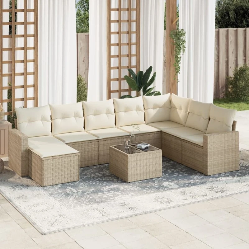 vidaXL 9-deligt havemøbelsæt med polyrattan, beige med hynder og bord