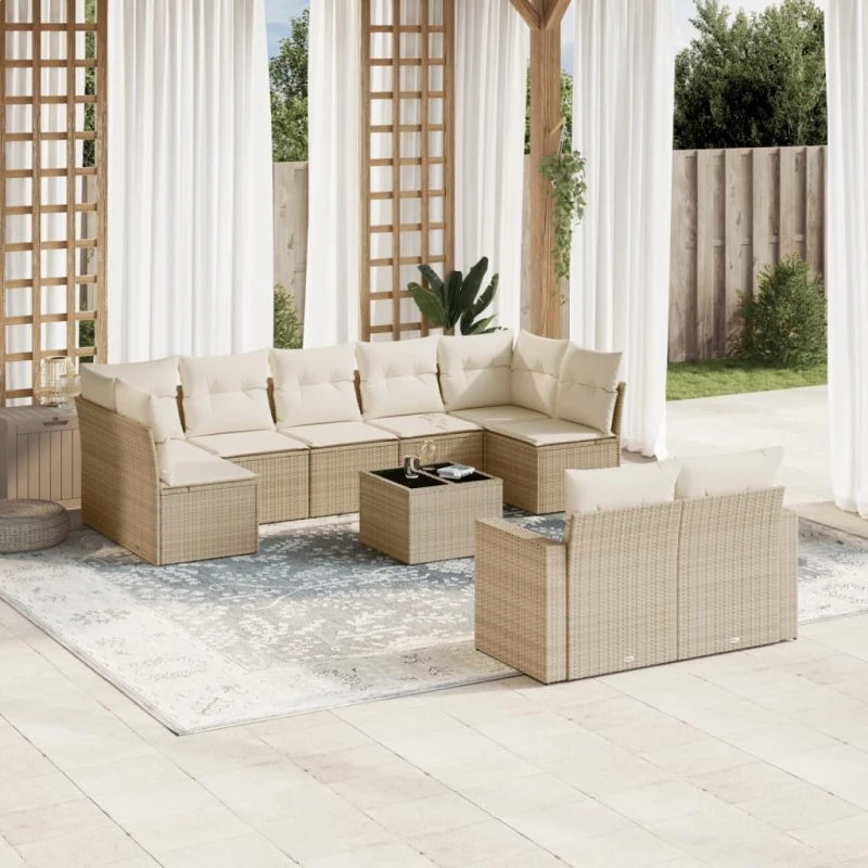 vidaXL 10-deligt havemøbelsæt med polyrattan, beige med hynder og bord