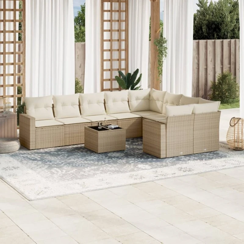 vidaXL 10-delssofasæt med hynder i polyrattan, beige