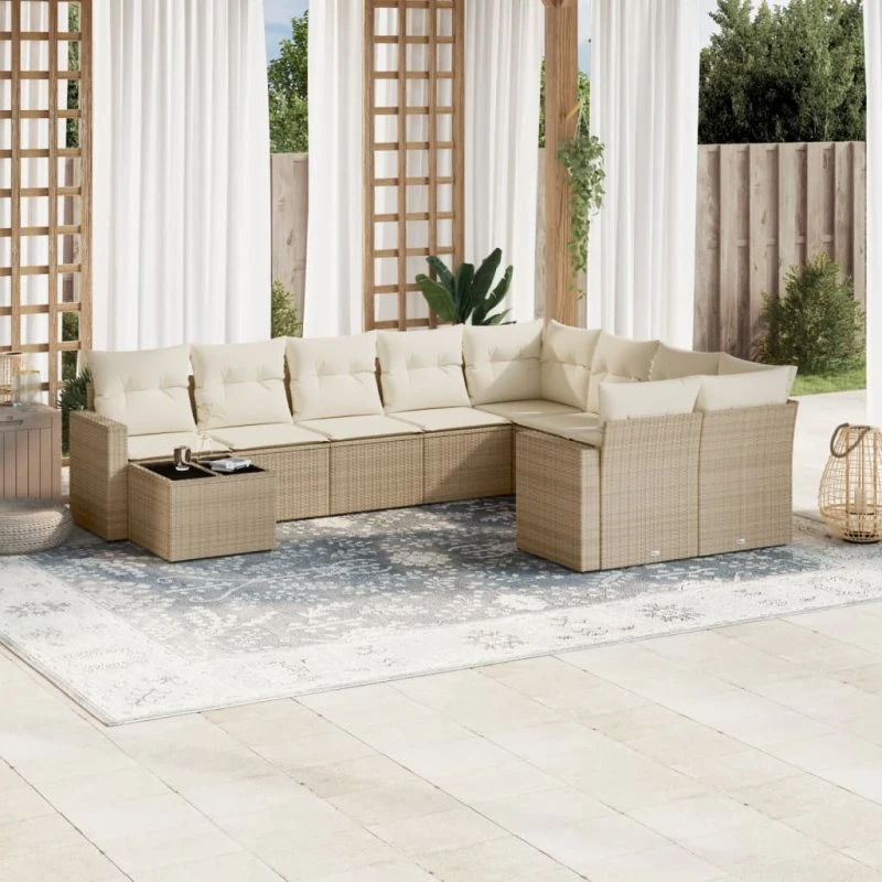 vidaXL 10-delssofasæt med hynder i polyrattan beige
