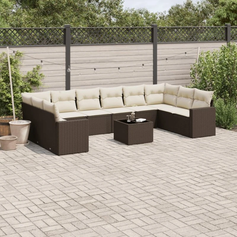 vidaXL 11-deles loungesæt med hynder i polyrattan brun