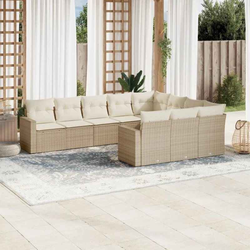vidaXL 10-delssofasæt med hynder i polyrattan beige