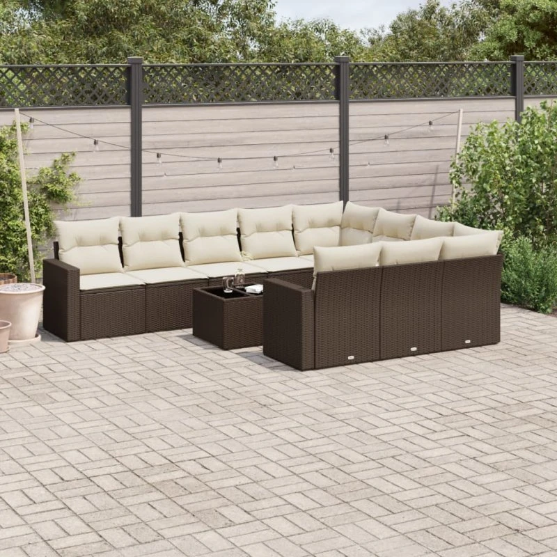 vidaXL 11-delssæt med hynder i polyrattan brun