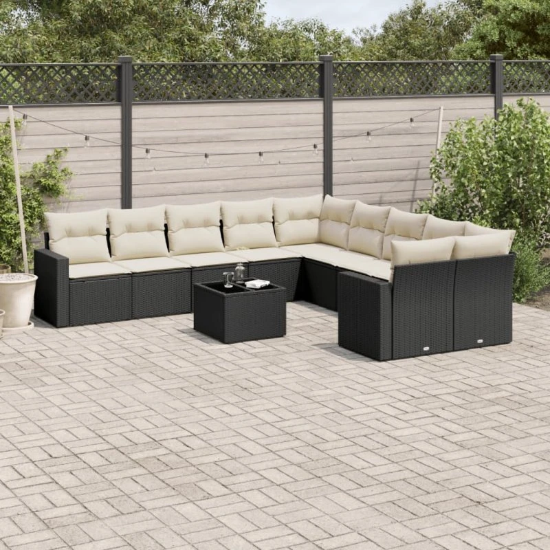 vidaXL 11-delssofasæt med hynder, polyrattan, sort
