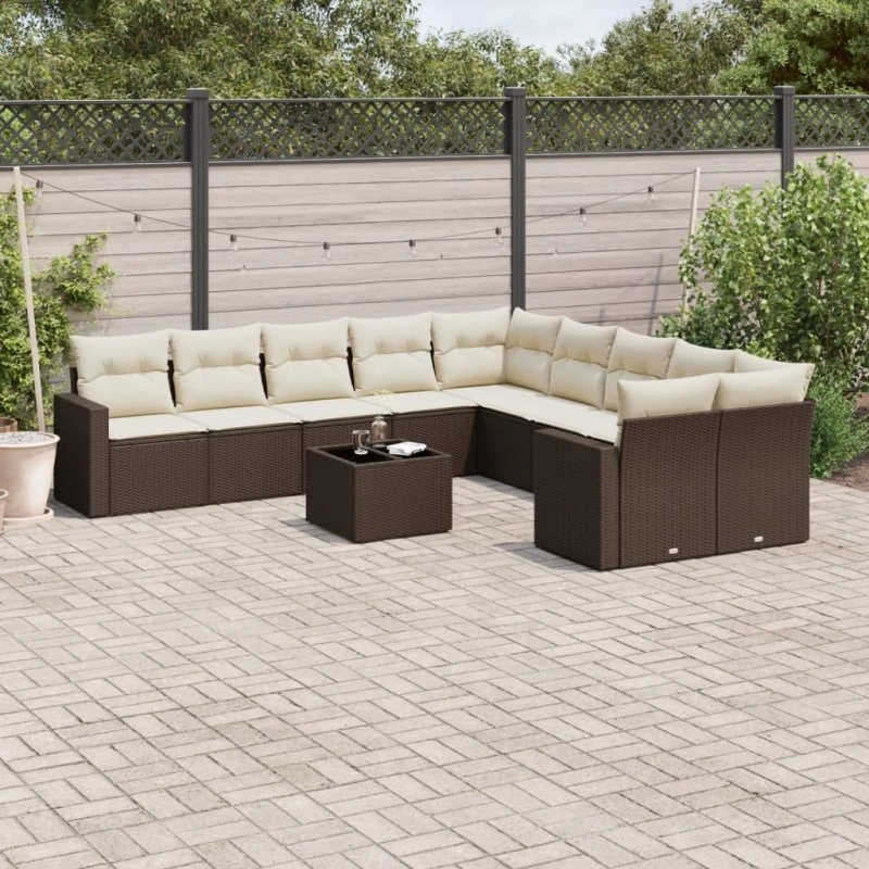 vidaXL 11-delssæt med hynder, polyrattan brun