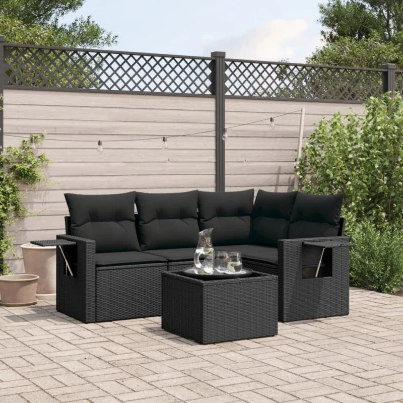 vidaXL 5-deligt havesofasæt med hynder i polyrattan sort
