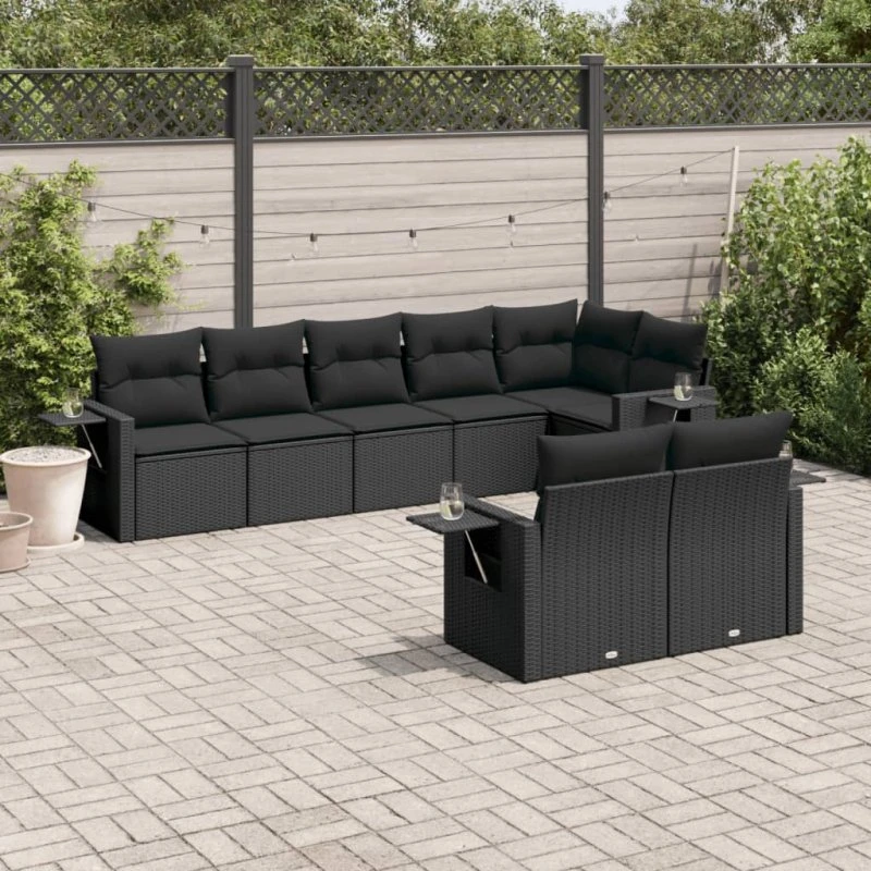 vidaXL 8-deligt havesofasæt med hynder i polyrattan sort