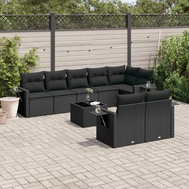 vidaXL 9-delssofasæt med hynder i polyrattan sort