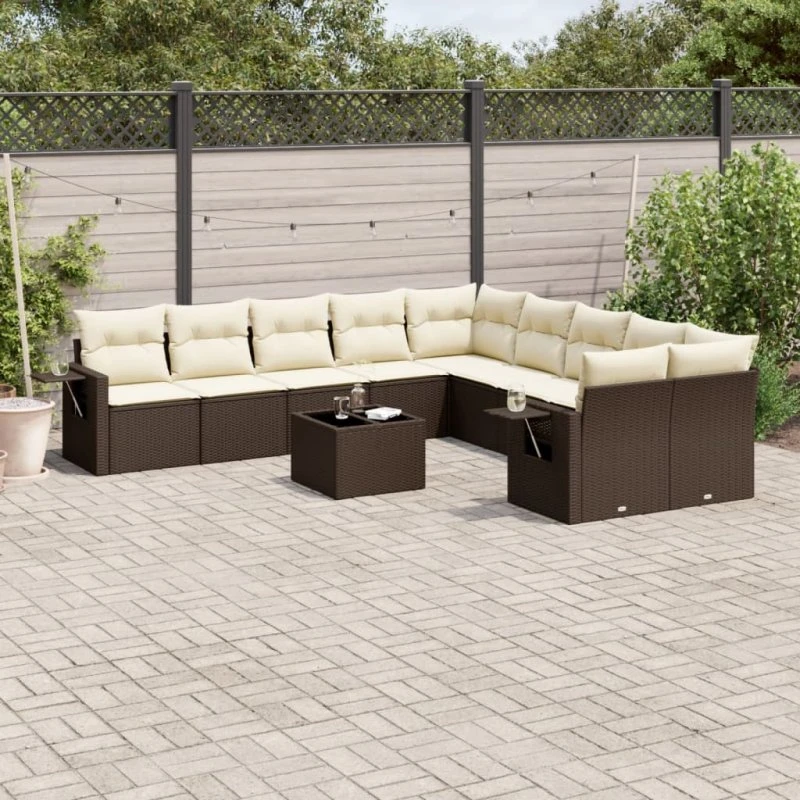 vidaXL 11-delssæt med hynder polyrattan brun